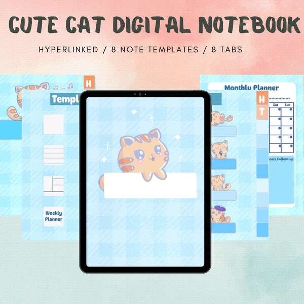 Cute Digital Notebook for Digital Planner | Kawaii Notebook | Cute Cat iPad Planner  for Goodnote| Digital Bullet Journal | Kawaii