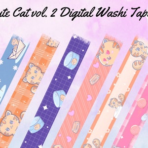 Kawaii Washi Tape pour planificateur numérique | Ensemble de ruban adhésif Washi Cute Cat vol.2 | Rubans Washi mignons Goodnote | Accessoires de planificateur Kawaii