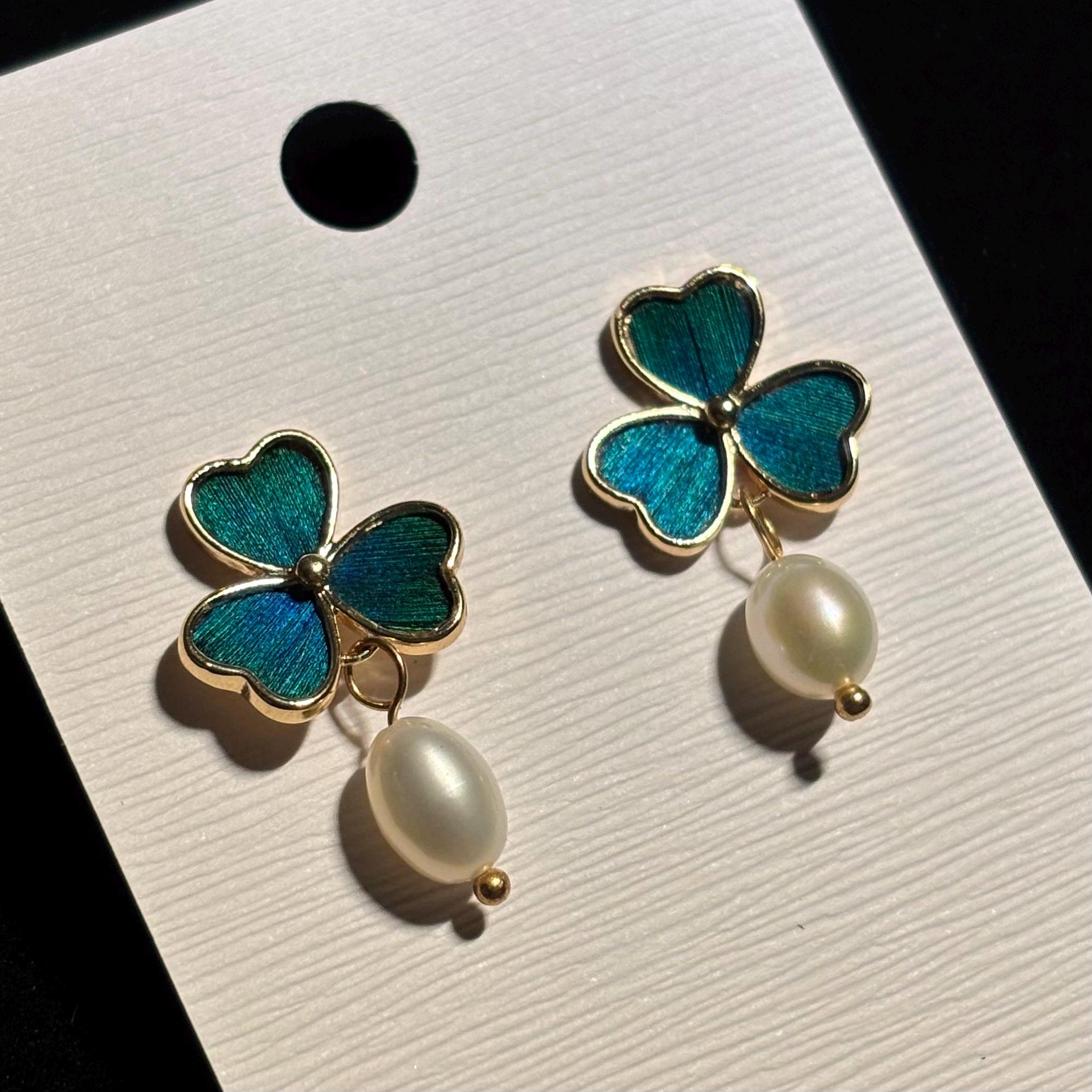 伝統点翠イヤリングピアスハンドメイド くじゃくの羽とパール 【公式通販】