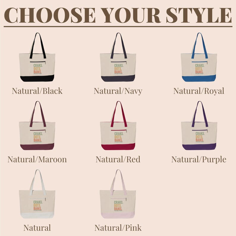 Nine tote bags in different colors with "Craks. Dots. Bams." text.