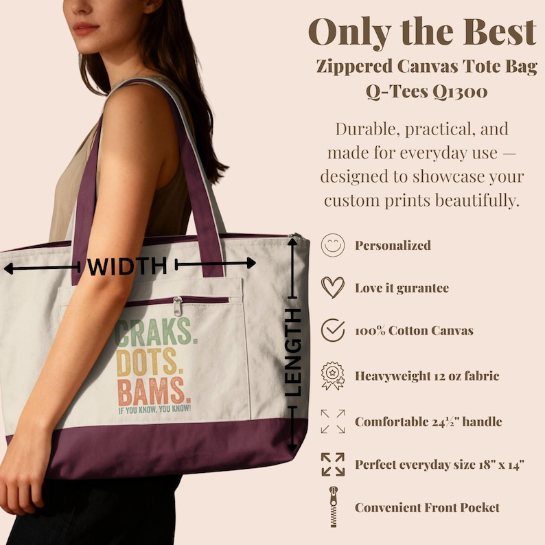 Zippered canvas tote bag with "Craks. Dots. Bams. If you know, you know!" text.