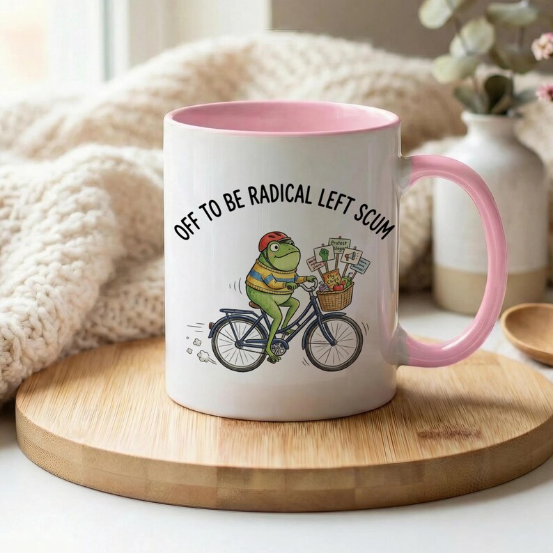 Radical Left Scum Frog Mug, Funny Protest Bicycle Coffee Cup, Activist Gift, Progressive Humor, Political Statement Drinkware