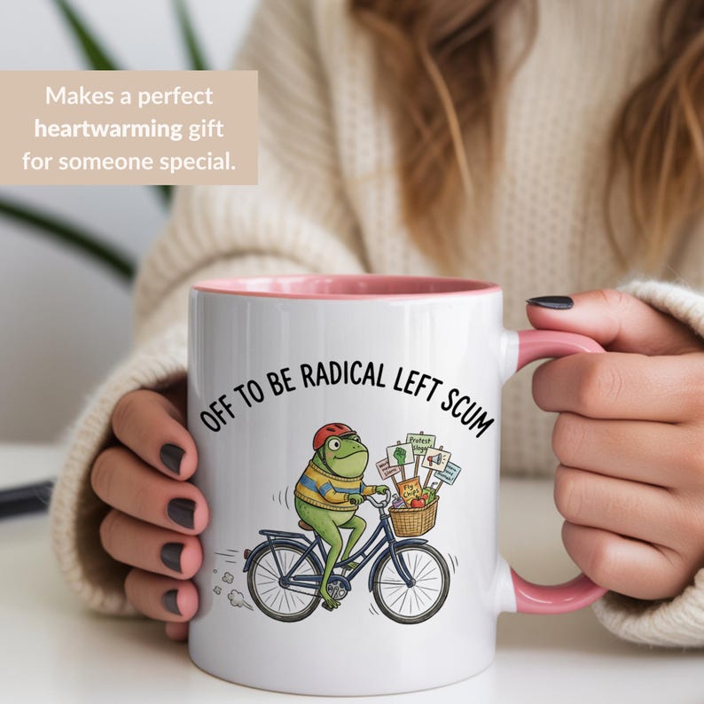 Radical Left Frog Scum Mug, Funny Political Activist Gift, Humorous Protest Bicycle Riding Frog Coffee Cup, Sarcastic Meme