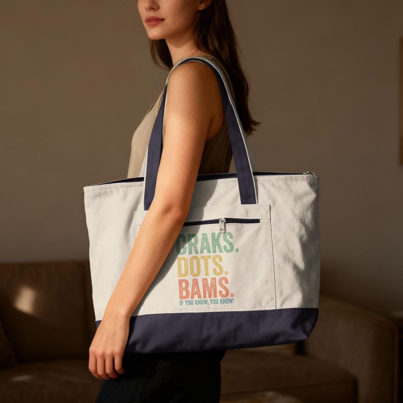 Tote bag with "BRAKS. DOTS. BAMS. IF YOU KNOW, YOU KNOW!" text.