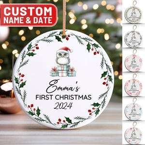 Christmas Owl Ornament, Custom Name Ornament, Personalized Gift, Baby&#39;s First Christmas, Holiday Keepsake, Customizable Decoration, 2024