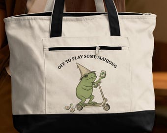Off to Play Mahjong Zippered Tote Bag, Whimsical Frog Scooter Mahjong Lover Gift, Game Night Carry Bag, Mahj Club Tote, Unique Fun