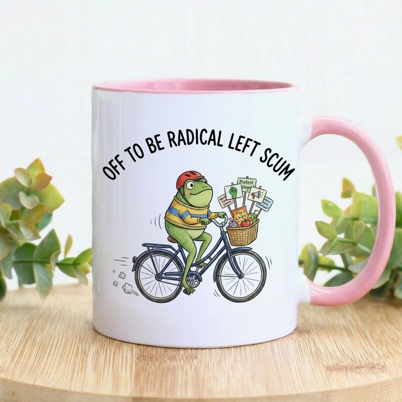Off To Be Radical Left Scum Frog Mug, Funny Bicycle Activist Coffee Cup, Progressive Political Protest Gift, Humorous Liberal