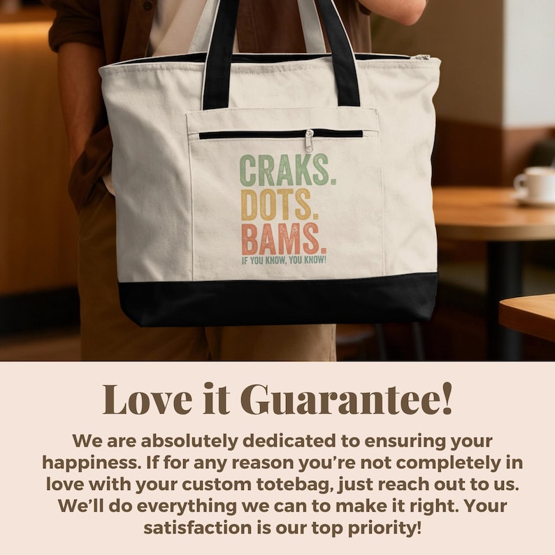 Canvas tote bag with "Craks. Dots. Bams. If you know, you know!" text.