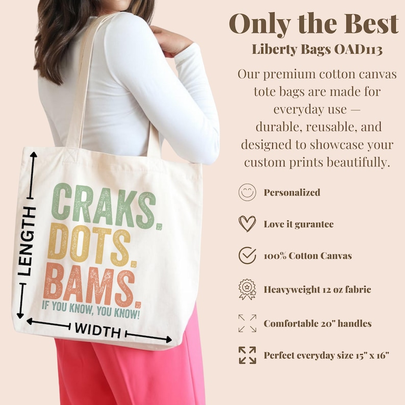 Canvas tote bag with "Craks. Dots. Bams. If you know, you know!" text.