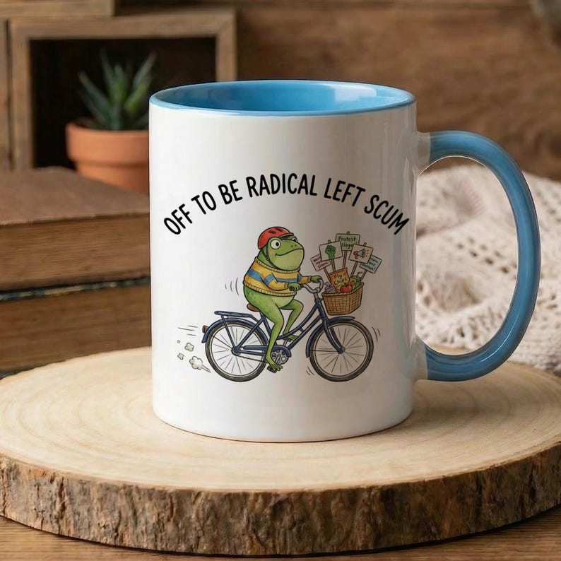 Off To Be Radical Left Scum Frog on Bicycle, Funny Political Activist Gift, Liberal Progressive Cycling Art, Humorous Protest Mug