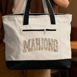 Floral Mahjong Zippered Tote Bag, Botanical Mahj Game Night Bag, Mahjong Club Gift, Unique Player Gift for Her