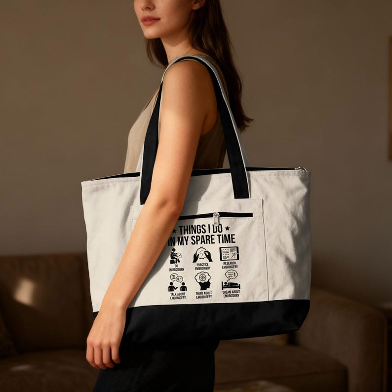 Large Canvas Tote Bag, Embroidery Themed Tote Bag, Funny Embroidery Gift, Eco-Friendly Shopping Bag, Work or Travel Bag