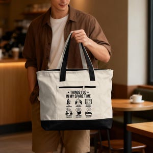 Funny Canvas Tote Bag, Embroidery Enthusiast Gift, Spare Time Activities Design, Large Shopper Bag, Unique Handbag for Crafters