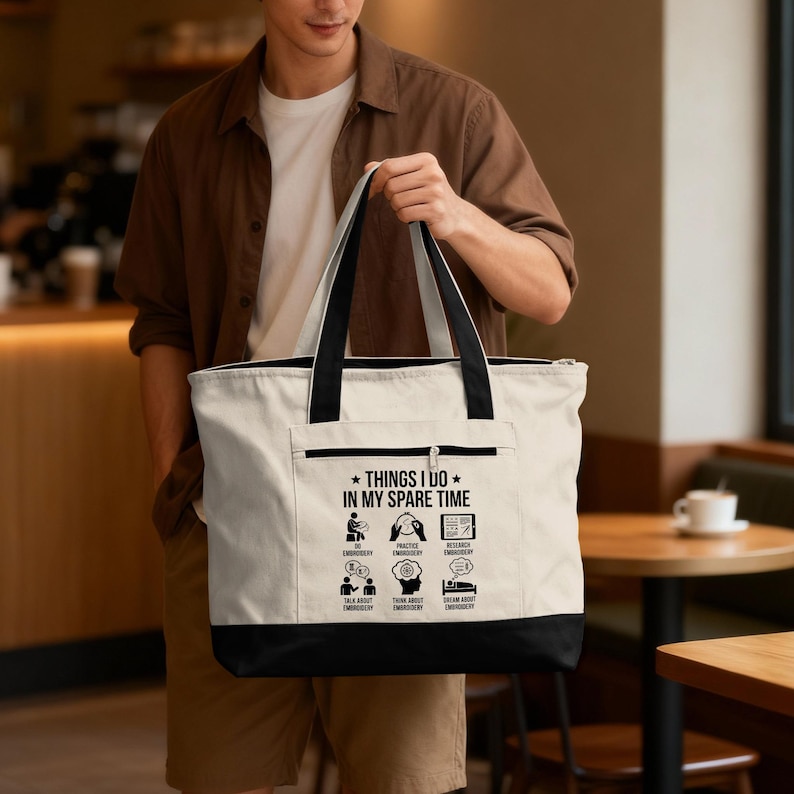 Funny Canvas Tote Bag, Embroidery Enthusiast Gift, Spare Time Activities Design, Large Shopper Bag, Unique Handbag for Crafters
