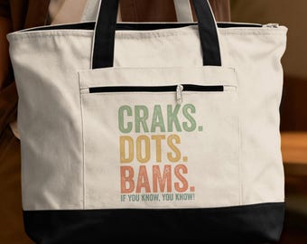 Mahjong Zippered Tote Bag, Cracks Dots Bams Funny Mahj Lover Gift, Game Night Club Canvas Zippered Tote Bag for Her