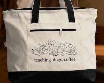 Teaching Dogs Coffee Teacher Tote Bag, Educator Dog Lover Zippered Tote Bag, Back to School Appreciation Gift for Teachers