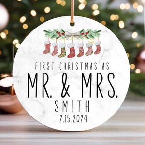 Custom Name Ornament, Personalized Wedding Gift, Engagement Ornament, First Christmas as Mr. and Mrs., Family Name and Date