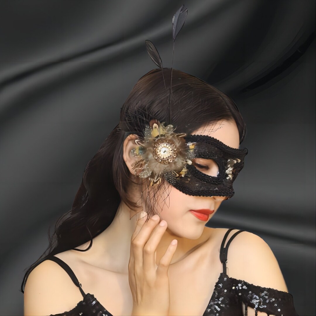 Black Feather Masquerade Mask, Ladies Midnight Black Masquerade Mask