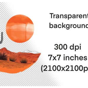 May include: A digital illustration of a desert landscape with a large orange sun, a tall cactus, and a mountain range in the background. The illustration is drawn in a minimalist style with black lines on a white background.