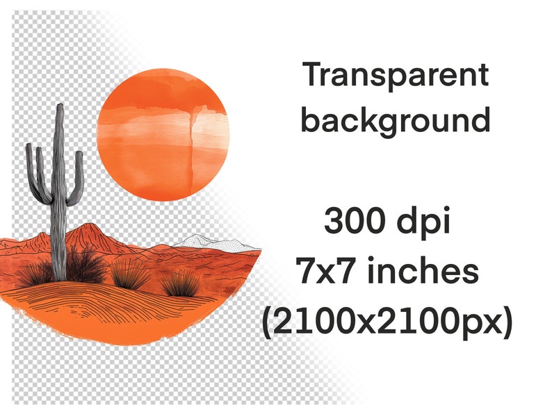 May include: A digital illustration of a desert landscape with a large orange sun, a tall cactus, and a mountain range in the background. The illustration is drawn in a minimalist style with black lines on a white background.