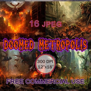 Doomed Metropolis clipart, clipart Doom, art numérique démoniaque, paysage urbain post-apocalyptique de New York, clipart horreur folle, usage commercial gratuit
