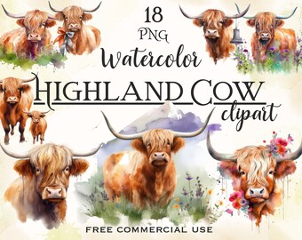 May include: Watercolor clipart set of 18 Highland cows in various poses. The cows are brown and white with long, shaggy hair. Some cows are wearing flowers, while others are standing in a field of wildflowers. The text "HIGHLAND COW clipart" is written in black letters on a white background.