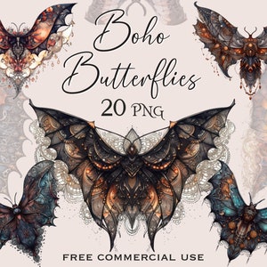 Boho Schmetterlinge Clipart, Schmetterling Brosche PNG, dunkles viktorianisches ästhetisches Bild, Original digitales Kunstpaket für Collage, freie kommerzielle Nutzung