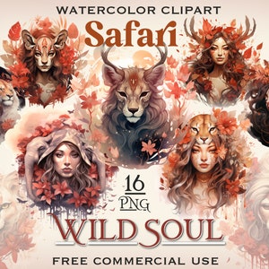 Safari Wild Soul PNG-bundel, aquarel vrouwelijk portret, Floral Animal Girl clipart, Born to be Wild vrije geest png, Mystic Fairy clipart