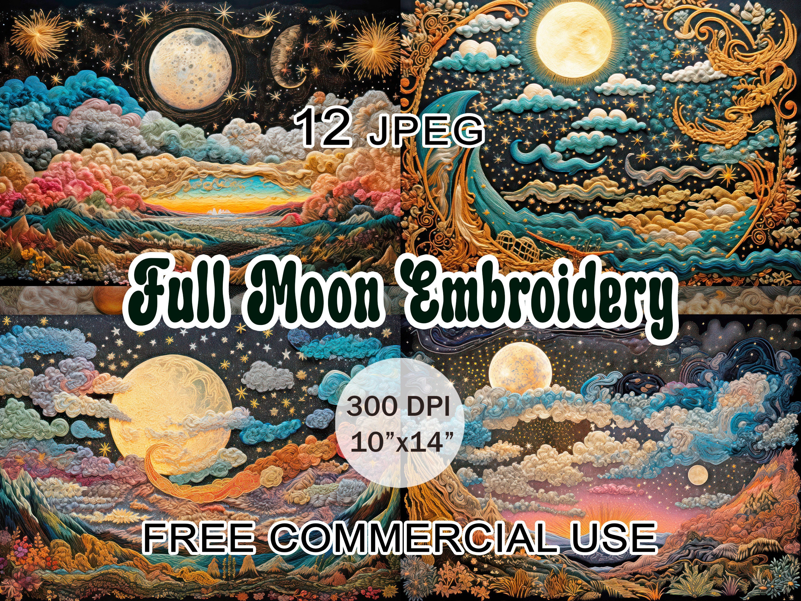 Fool moon embroidery clipart, Witch tapestry aesthetic styled cloudy artwork, Psychedelic night sky art images bundle, Free commercial use
