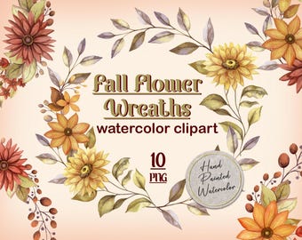Fall flower wreath, Watercolor clipart, Hand drawn floral frame PNG, Dahlia and Sanflower watercolor flower clipart, Autumn flower PNG