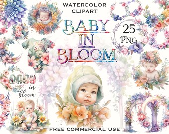 Watercolor baby in bloom PNG, Baby shower clipart, Watercolor clipart, Baby in bloom shower invite, Floral baby shower, Floral wreath png