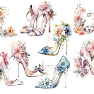 Puede incluir: Una colecci&oacute;n de seis zapatos de tac&oacute;n alto decorados con arreglos florales coloridos. Los zapatos son de diferentes colores y estilos, y las flores est&aacute;n dispuestas de diversas maneras.