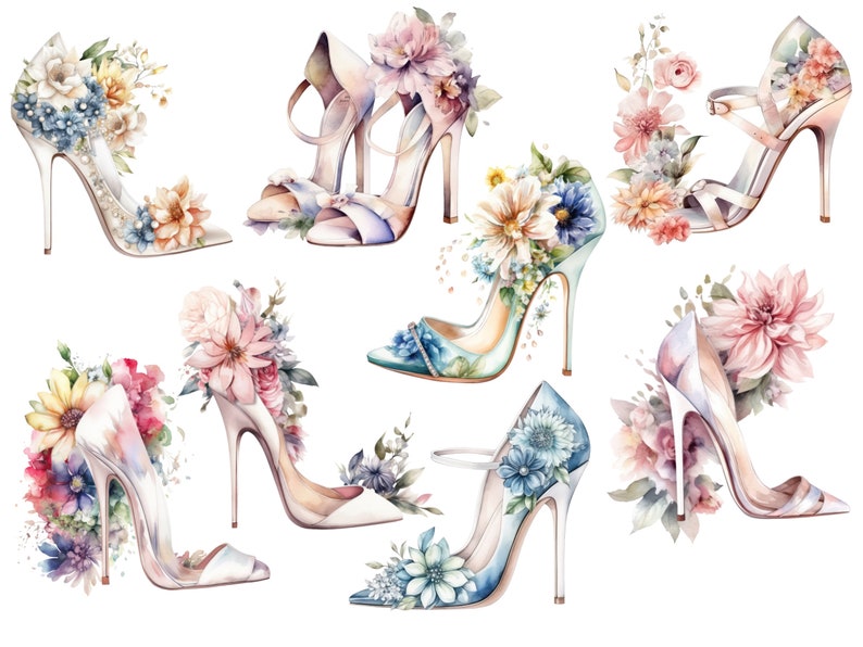 Puede incluir: Una colecci&oacute;n de seis zapatos de tac&oacute;n alto decorados con arreglos florales coloridos. Los zapatos son de diferentes colores y estilos, y las flores est&aacute;n dispuestas de diversas maneras.
