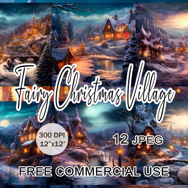 Clipart de village de Noël féerique, peinture numérique de paysage fantastique de vacances d'hiver, bundle d'images de pays enneigé, utilisation commerciale gratuite