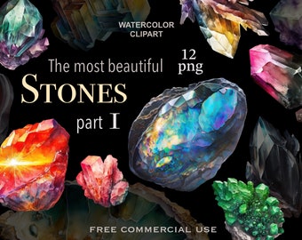 May include: Watercolor illustrations of 12 different gemstones, including amethyst, citrine, emerald, ruby, and sapphire. The most beautiful stones part I. Free commercial use.