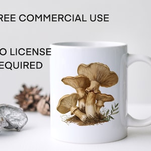 May include: White ceramic mug with a brown and beige illustration of mushrooms. The text "FREE COMMERCIAL USE NO LICENSE REQUIRED" is printed on the mug.