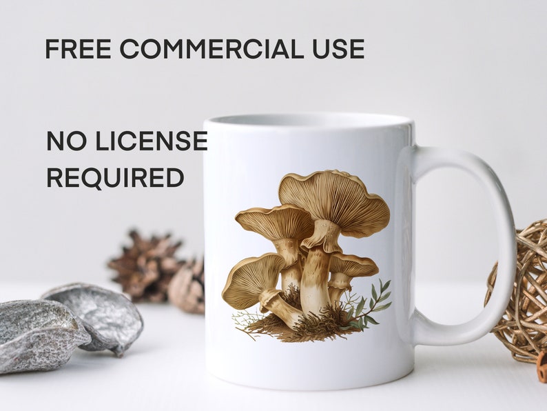 May include: White ceramic mug with a brown and beige illustration of mushrooms. The text "FREE COMMERCIAL USE NO LICENSE REQUIRED" is printed on the mug.