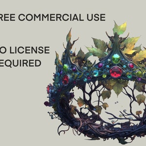 May include: A crown made of intertwined branches, leaves, and vines. It is adorned with colorful gemstones and has a dark, metallic finish. The crown is a digital illustration and is free for commercial use.