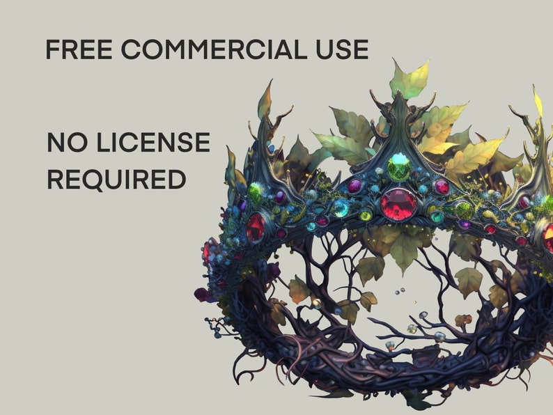 May include: A crown made of intertwined branches, leaves, and vines. It is adorned with colorful gemstones and has a dark, metallic finish. The crown is a digital illustration and is free for commercial use.