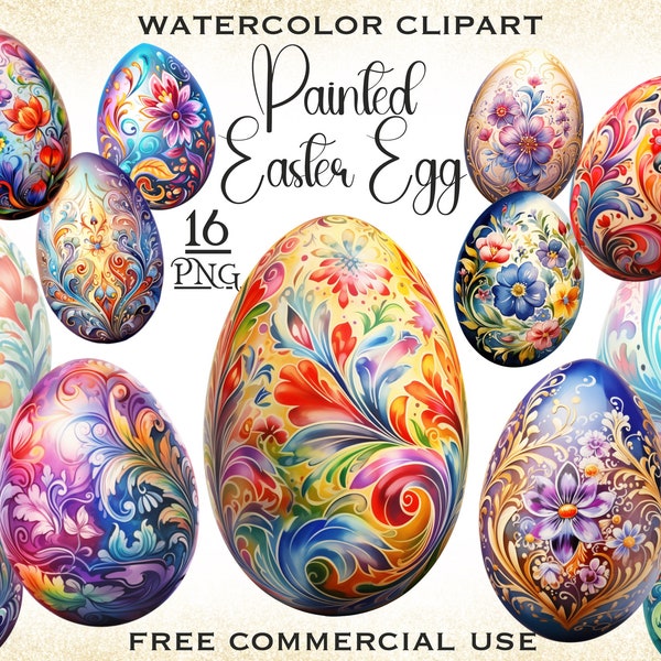 Painted Easter Egg PNG Bundle, Watercolor Easter clipart, Floral clipart, Spring clipart, Commercial use png, Decorative Easter egg clipart