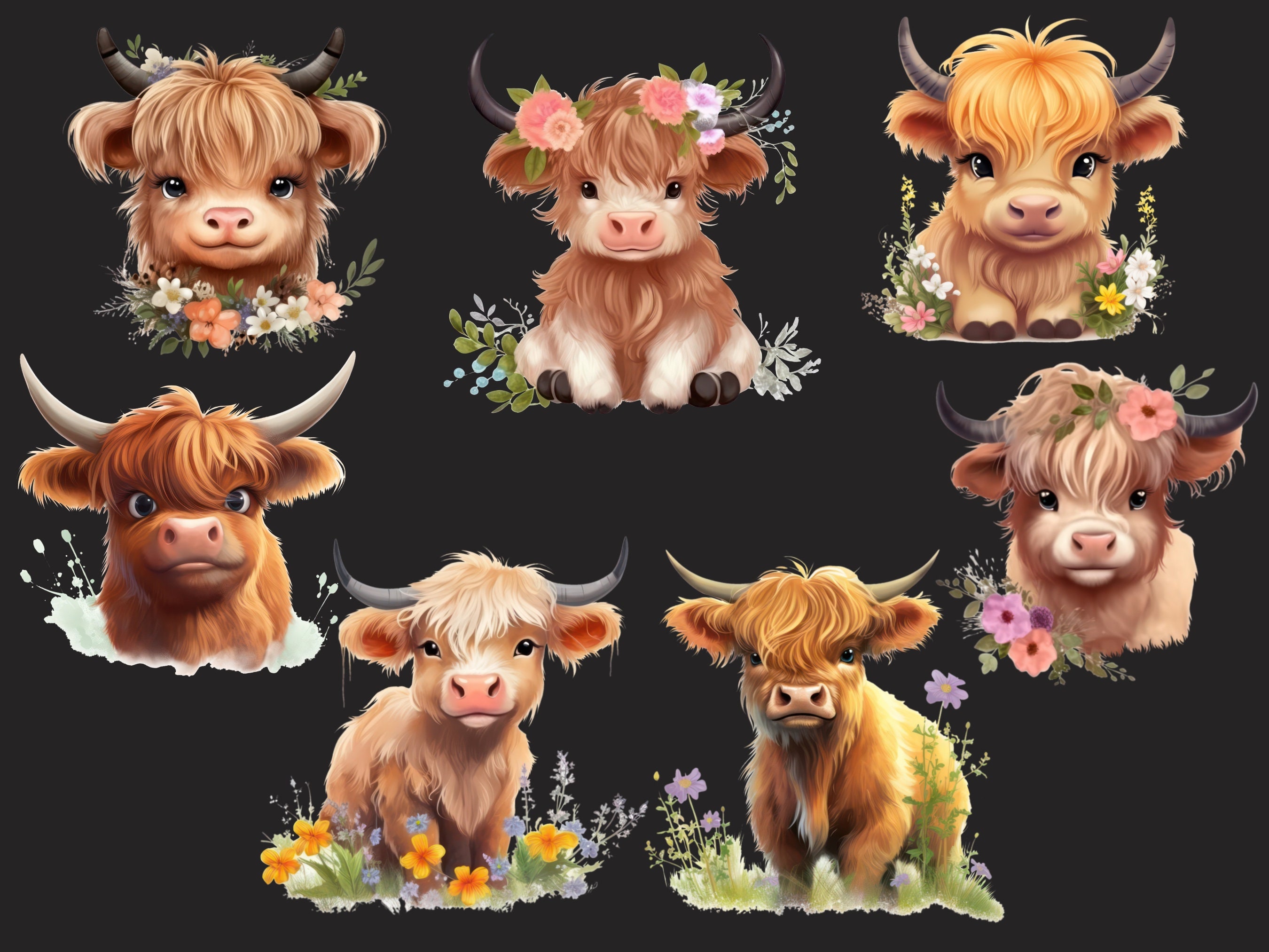 Highland Baby Cow Clipart, Cute Little Animal Png Bundle for Design ...