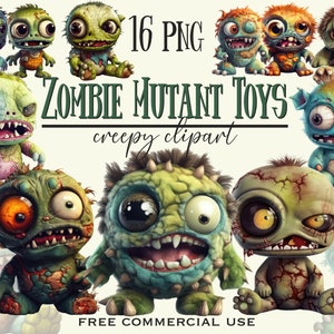 Gruselige süße Zombie Mutant Spielzeug Clipart, Plüsch Monster Zombies PNG Bundle, Halloween lustige Horror Bilder für Collage etc., freie kommerzielle Nutzung