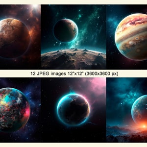 May include: A collection of 12 space-themed images featuring planets, stars, and nebulae. The planets are depicted in vibrant colors and intricate details, showcasing a variety of celestial bodies.