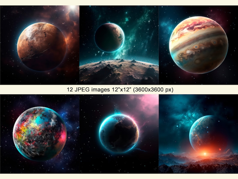 May include: A collection of 12 space-themed images featuring planets, stars, and nebulae. The planets are depicted in vibrant colors and intricate details, showcasing a variety of celestial bodies.