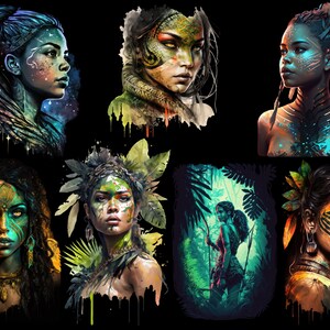 May include: A digital art collage featuring six images of women with colorful face paint and intricate headdresses. The women are depicted in a variety of poses, some with their eyes closed and others with their eyes open. The background of the images is a dark, abstract design.