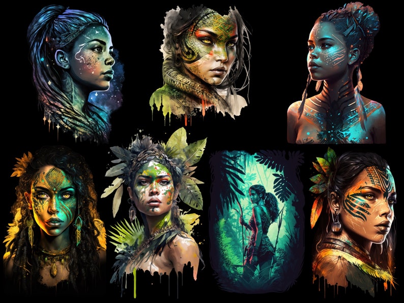 May include: A digital art collage featuring six images of women with colorful face paint and intricate headdresses. The women are depicted in a variety of poses, some with their eyes closed and others with their eyes open. The background of the images is a dark, abstract design.