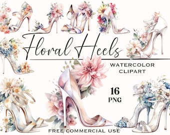 Clipart de tacones altos florales, paquete PNG de moda nupcial con uso comercial gratuito, imágenes de alta calidad utilizables para diseño, álbumes de recortes, etc.