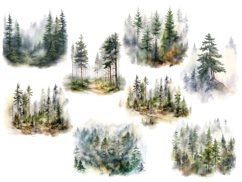 Peut inclure: Huit illustrations &agrave; l'aquarelle de for&ecirc;ts de pins brumeuses. Chaque illustration pr&eacute;sente une perspective diff&eacute;rente de la for&ecirc;t, avec des nuances de vert et de bleu.
