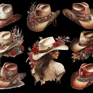 May include: Nine cowboy hats with various designs and colors. Some hats have floral embellishments, while others have a more rustic look. The hats are all in focus and against a black background.