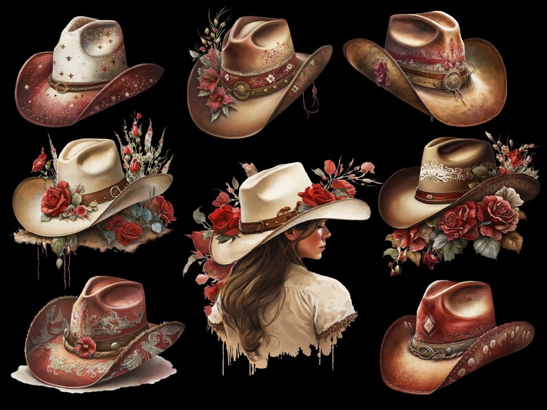May include: Nine cowboy hats with various designs and colors. Some hats have floral embellishments, while others have a more rustic look. The hats are all in focus and against a black background.